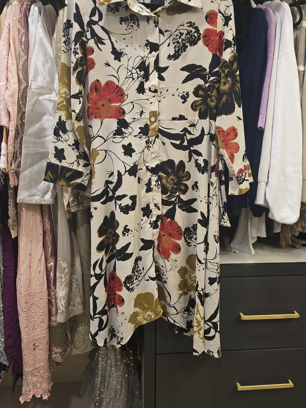 Limelight Cream Floral Button-Front Midi Dress with Red & Olive Blooms